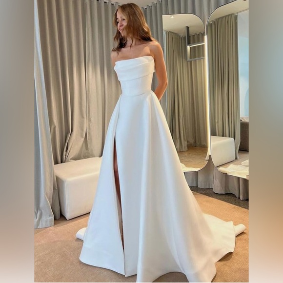 White Modern Wedding Dress Gown Satin Simple A line corset size 4 6 8 10 - Picture 3 of 8
